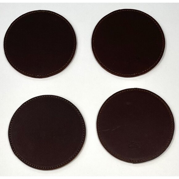 Set 4 SADDLEBACK LEATHER CO Dark Coffee Brown Leather 4" Round COASTERS NWOT NEW - Picture 4 of 5